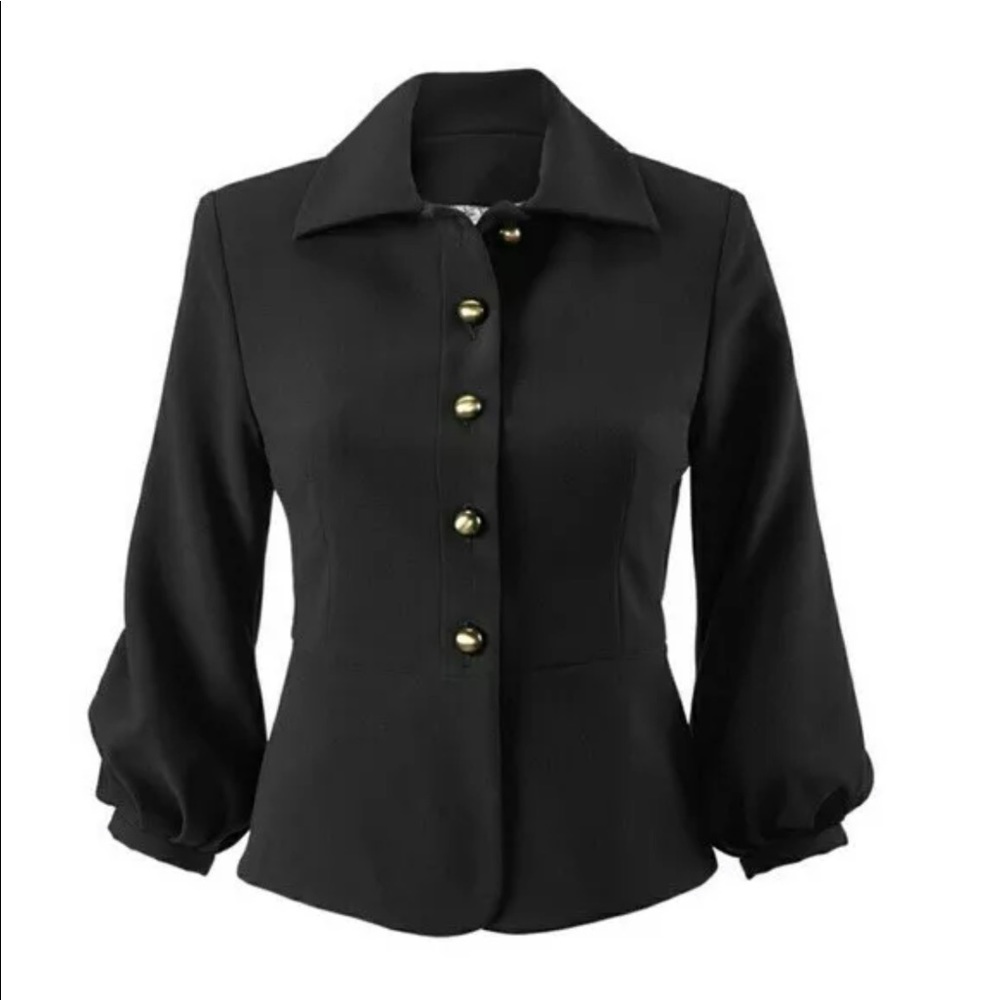 CAbi Abbott Blazer Jacket Black Ponte Knit Button 3/4 Puff Sleeve 3027 Size 4